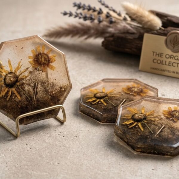 Луксозни дизайнерски подложки за чаши от епоксидна смола „Solaris Meadow“ (част от Organic Luxe Collection).